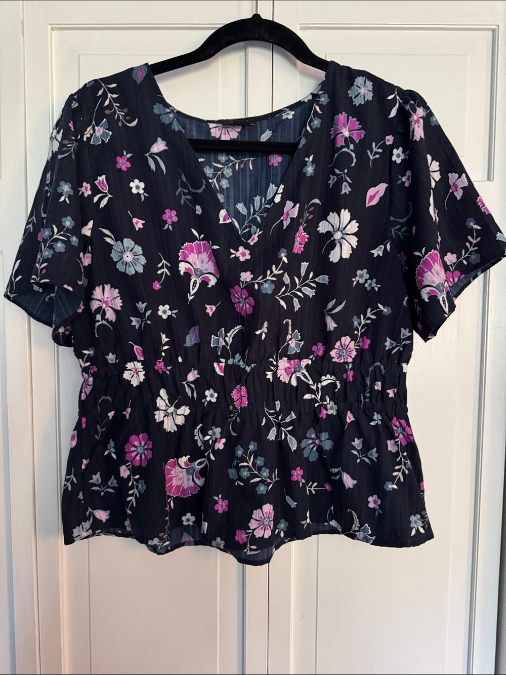 Ann Taylor Factory Black Floral V-Neck Peplum Top - Pink & White Flowers